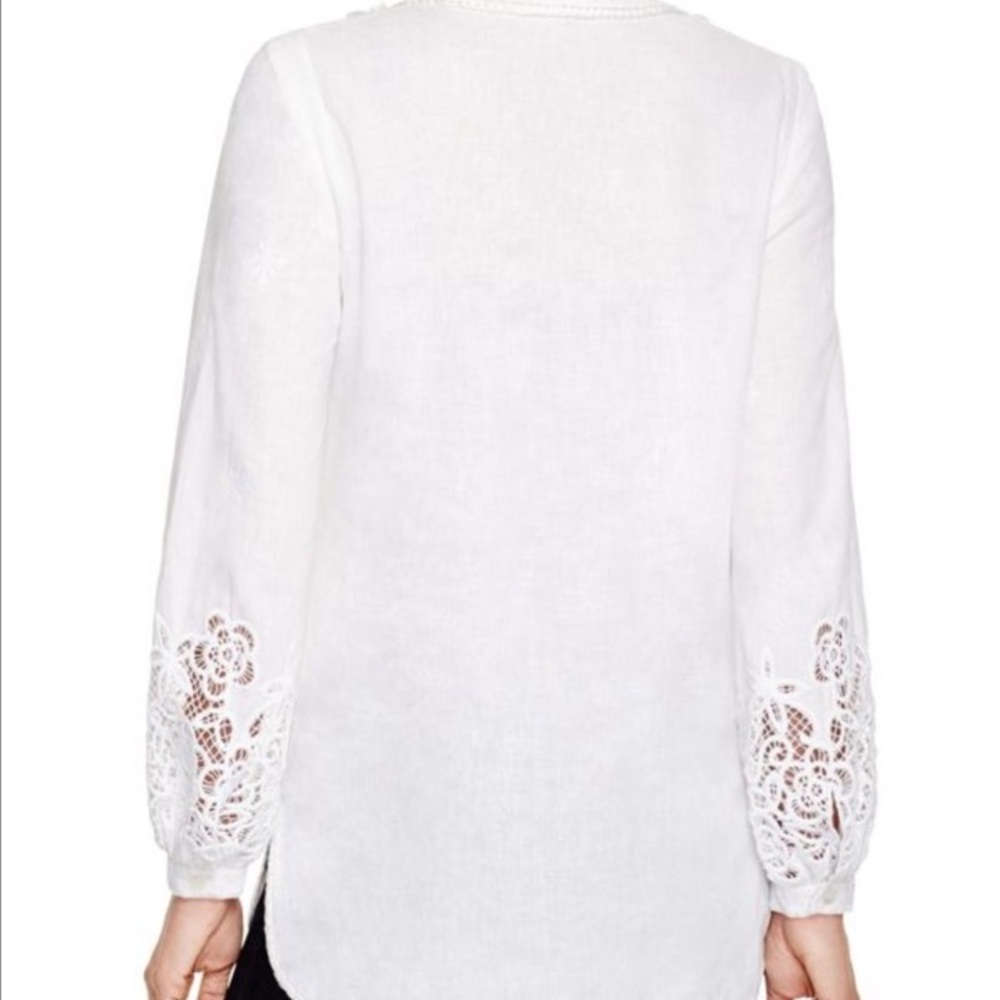 Kobi Halperin Linen Blend White Tassel Neckline Blouse Split Neck Tunic Top - Picture 7 of 14